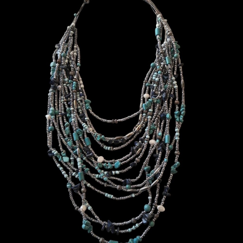 Vintage CHICOS 14 ROWS SILVER TONE MICRO BEAD TURQUOISE CHUNKS Necklace